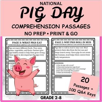 National Pig Day Reading Comprehension – 20 Passages with Questions (Grades 2–8)