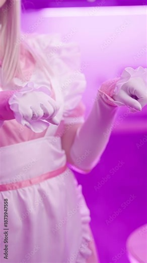 Headless cute anime cosplay pink maid girl show kitten nyan pose