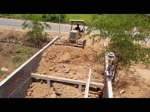 Start New Project!! Landfill Processing Operator Bulldozer Push Soil and Dump Truck Pouring Soil