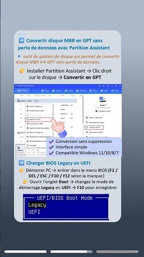 Comment convertir MBR en GPT et changer BIOS Legacy en UEFI ?