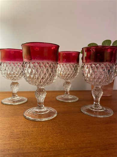 Vintage Indiana Glass Ruby Red Diamond Point Wine Glasses | Set of 4 - Etsy Australia
