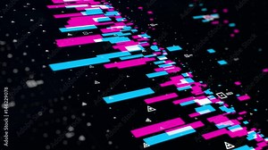 CGI animation of blue and pink lines and geometric shapes with numbers moving in dark digital space
