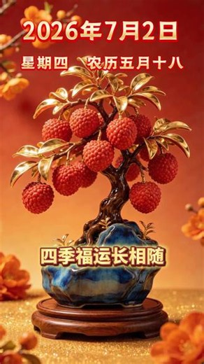 早上好，今天是 7 月 2 日，星期四，农历五月十八。七月起顺，十八纳财，满树红荔藏大利，金蝉相伴步步高，四季福运长相随！ #早安 #大吉大利 #好运