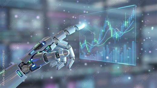 Digital robotic hand analyzing financial stock market charts with bullish trend graph showing economic growth business trading and investment decisions using advanced technology