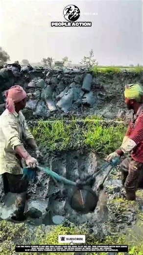 People Extracting Wet Soil Using Rope And Shovel In Mud Pit