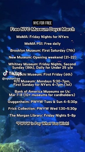 Free NYC Museum Days in March 🖼️ Monthly museum reminder. For most of these, book a ticket in advance! Check out nycforfree.co/free-museums for the full list of free / PWYW museums! - @themuseumofmodernart Friday Nights for NYers - @momaps1: Free daily - @BrooklynMuseum: First Saturday (7th) - @newmuseum: Opening Weekend (21-22) - @WhitneyMuseum: Friday Nights, Second Sunday (8th), Daily for Under 25 y/o - @NoguchiMuseum: First Friday (7th) - @911Memorial: Mondays 5:30-7pm, First Sunday for NYe