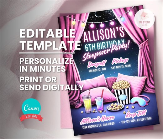 Girl Sleepover Invitation, Birthday Slumber Party Sleep Over Invite, Editable Digital Template, Instant Download - Etsy