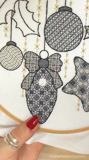🪡 Blackwork Baubles Blackwork embroidery kit and pattern Great for keen beginners and beyond A fun mix of black and gold stitching! For help using metallic embroidery threads ✨ head over to Lottie’s Blog for ‘Top Tips for stitching with metallic thread’ #purpleroseembroidery #blackworkembroidery #blackworkembroiderypattern #blackworkembroiderykit #embroiderykit #embroiderypattern #christmasembroidery | Purple Rose Embroidery