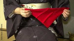 A tea master folds a fukusa tea cloth during a Japanese tea ceremony (chanoyu).
