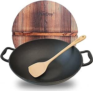 Flat Bottom Cast Iron Wok with Lid 14 Inch,Pre-Seasoned Non Toxic Cast Iron Kadai,Chinese Japanese Wok double handle for Induction and Open Fire