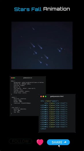 How to Build Stars Fall Animation Comment Like Share And Follow Follow @geekysession for more stuff Credit goes to real owner of the code.. #programminglife #programmingskills #webdesign #webdevelopment #uidesign #programmer #programminglove #coding #peace #trending #viral #instagood #coderssection #developer #computerscience #softwaredeveloper #softwaredevelopment #webdeveloper #fullstack #softwareengineer #WebDesignPro #usa #america #canada #uk | Geeky Session