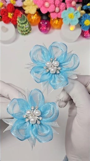 DIY Ribbon flower hair clips 🩵✨️ #shortvideo #shorts #diy #hairclips