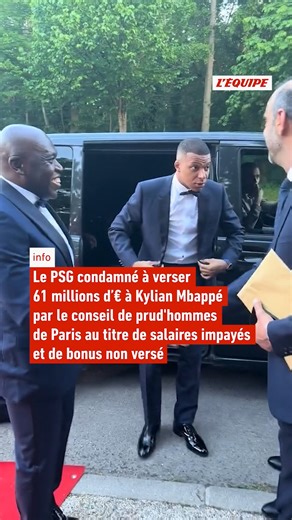 4.7M views · 22K reactions | Le Conseil de prud'hommes de Paris vient de rendre son verdict dans le dossier record opposant Kylian Mbappé à son ancien club, le PSG. Le CPH a condamné le PSG à verser 61 millions d'euros à l'attaquant (salaires et bonus impayés). Le club parisien a été débouté de l'ensemble de ses demandes reconventionnelles. ⚖️ | L'EQUIPE | Facebook