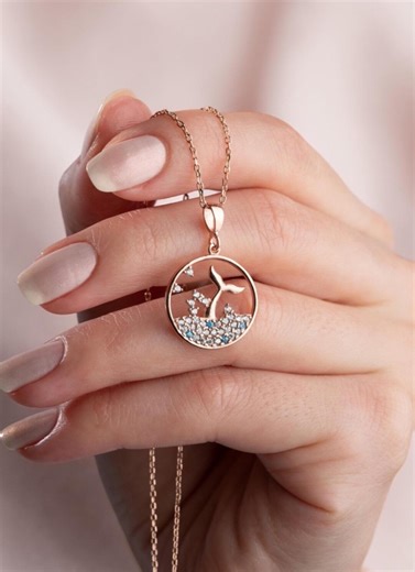 Sterling Silver Mermaid Necklace, Whale Tail Pendant, Rose Gold Ocean Jewelry