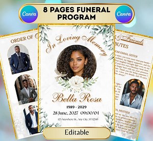 Elegant Funeral Program Template | Celebration of Life, Memorial Service Obituary (canva Download) - Etsy