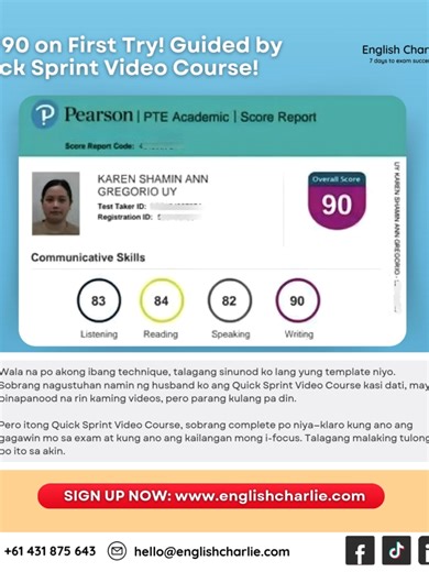 She got a perfect 90 on her FIRST try! 🌟 And how did she do it? By following the tips and strategies of the EC Quick Sprint Video Course! ⚡ With step-by-step, easy-to-follow video lessons, she learned everything she needed to know—from exam techniques to templates and strategies—and applied them exactly as taught. The result? A perfect 90 on her PTE Academic exam! Whether you’re a first-time taker or retaker, the Quick Sprint Video Course gives you everything you need to prepare smarter, not ha