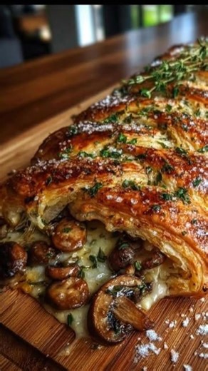 ⭐ Golden Mushroom & Cheese Puff Pastry Loaf A beautifully golden, flaky puff pastry filled with savory sautéed mushrooms, herbs, and irresistibly melted cheese. Crispy on the outside, rich and gooey on the inside — this dish is as impressive as it is comforting 🤍 🍽️ Ingredients (serves 4–6) For the mushroom filling 14 oz (400 g) mushrooms (button or cremini), sliced 1 small onion or shallot, finely chopped 2 cloves garlic, minced 2 tbsp butter or olive oil 1 tsp fresh thyme (or ½ tsp dried) Sa