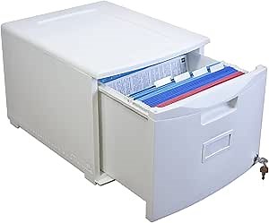 Storex Plastic One-Drawer File Cabinet – Locking Document Organizer for Home and Office, White, 1-Pack (61271B01C)