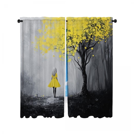Yellow Dress Girl Tree Forest Curtains, Bohemian Boho Window Treatment (custom Sizes) - Etsy