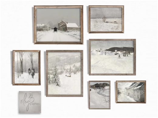 Winter 2 Vintage Art - Winter Country Scenes – Vintage Snowy Landscapes – Rustic Style Soft Neutral Paintings - Winter Wall Gallery - Etsy