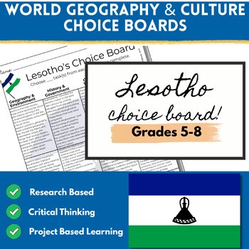 Lesotho Country Study Choice Board|5-8 History Geography Research Project PBL GT