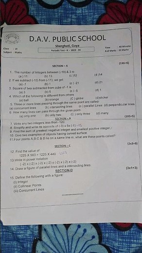 DAV class 6 Subject Maths Question paper of PT-2 2023-24 #shorts