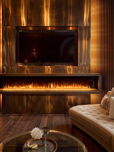 Brushed Brass Media Wall Mayfair London Dark Fluted Panels Bioethanol Fireplace Stunning brushed brass media wall installation in Mayfair London featuring luxurious gold metallic panels with dramatic warm reflections and ambient LED backlighting. This bespoke Mayfair media wall showcases brushed brass central panels with warm amber LED glow, dark fluted wood panels flanking both sides creating dramatic ribbed texture, brass coffered ceiling detail with recessed lighting, floating brass shelf, li