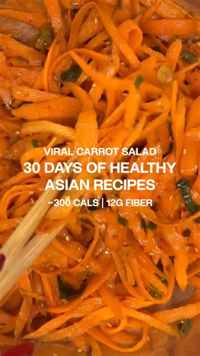 careese on Instagram: "DAY 4 of 30 days of healthy Asian recipes 🥢 I’LL BE POSTING A RECIPE EVERY SINGLE DAY SO FOLLOW FOR MORE VIRAL CARROT SALAD INSPIRED BY @cassyeungmoney MACROS 294 cals | 9.8g protein | 47.4g carbs | 9.5g fat | 11.7g fiber 12 oz carrot 2 medium green onions, sliced 2 tbsp garlic 1 tbsp @flybyjing sweet and spicy Sauce (or any chili crunch of choice) 2 tbsp soy sauce 2 tbsp rice vinegar 1 tbsp toasted sesame seeds #healthyasian #macrofriendly #fiberpacked #easyrecipes #plan