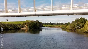 Drone fly under Te Rewa Rewa bridge, New Plymouth. Popular cycle and walking area, New Zealand
