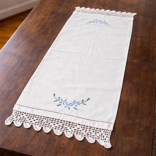 Vintage Linen Table Runner, Hand Embroidered Blue Floral, Crocheted Lace Ends, Farmhouse Cottagecore Dresser Scarf, Handmade Vintage Linen - Etsy