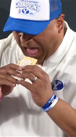 "It doesn't matter what you do with Pop-Tarts, I'm going to eat it." Safe to say BYU football coach Kalani Sitake enjoyed the Pop-Tarts Bowl celebration. | Thomas Cook TV