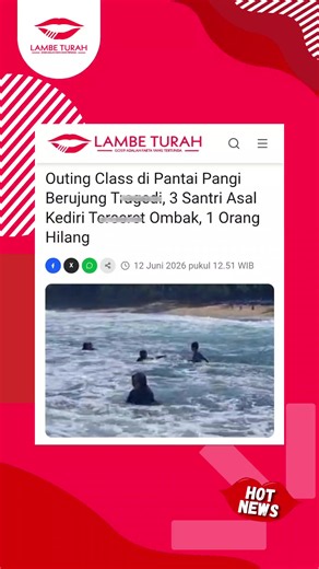 Kegiatan outing class rombongan Pondok Pesantren Muhammadiyah Markas Quran asal Kediri di Pantai Pangi, Kecamatan Bakung, Kabupaten Blitar, berujung insiden pada Kamis (11/6). Tiga santri dilaporkan terseret ombak saat berada di area karang di sisi timur pantai. Dua k*rban berhasil diselamatkan dalam kondisi selamat, sementara satu santriwati berusia 9 tahun hingga kini masih dalam pencarian. Tim gabungan yang terdiri dari TNI, Polri, BPBD, nelayan, relawan, dan warga setempat terus melakukan pe