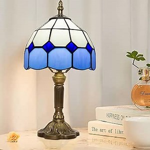 Ppbmocw Small Tiffany Table Lamp,3 Color Temperature,7.6 Inch Antique Stained Glass Lamp for Bedroom Living Room Home,Handcrafted Light,Included E26 Bulb (B Blue Grid)
