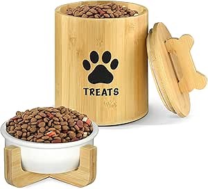 Dog Treat Container Set, Dog Treat Jar with Airtight Sealing Lid, Cat Dog Treat Canister Bowl Set, 3 Pcs Pet Treat Jar, Bowl, Stand, Gift for Dog Cat Owner