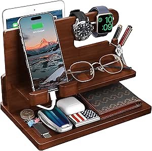 Wood Phone Docking Station - Nightstand Charging Organizer and Cell Phone Stand - Bedside Gift for Men