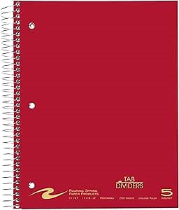 ROARING SPRING Premium College Ruled Five Subject Spiral Notebook, 3 Hole Punched, 11" x 8.5" 200 Sheets, Assorted Saranac Colors,11197