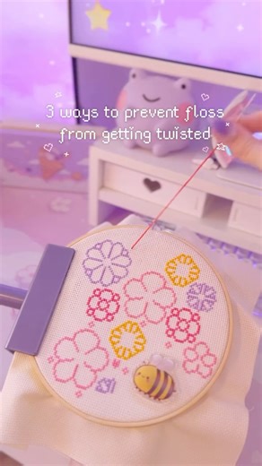 Sarah | Cross stitcher on Instagram: "Nothing more annoying than twisted floss. 😭 It makes your stitches look uneven and often ends up creating a knot. Unfortunately there is no way to 100% prevent your floss from getting twisted, but these are my favorite tips. Sometimes I also like to let my needle and thread hang from my piece so they can unwind, but I don't do that often. Do you have any secret tips for preventing tangles that I didn't mention? 💖 #crossstitch #cozyhobby #fiberart #embroide