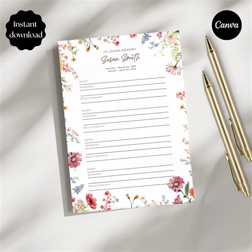 Floral Funeral Sign in Sheet With Wildflowers, Printable Guest Book Template, Memorial Service, Celebration of Life - Editable in Canva - Etsy