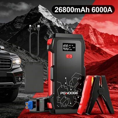 PGNOOGE Batteria per auto 26800mAh 6000A, Arrancador ad alta capacità per motori a benzina da 10 litri, Arrancador portatile da 12 V con Linterna, Pantalla LED e Carga Rápida USB | SHEIN