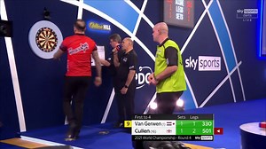 𝙒𝙃𝘼𝙏 𝘼 𝙇𝙀𝙂 This game is incredible. Van Gerwen hits SIX perfect darts but back-to-back 180s for Cullen puts the hold under pressure and we're level in the third set! | Professional Darts Corporation