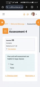 Peer and self-assessment are helpful in large classesTrueFal... | Filo