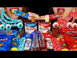 ASMR RED FOOD V BLUE FOOD GUMMY EYEBALLS, JUICY DROP POP, NUTELLA, CHEESECAKE, CHOCOLATE, DORITOS 먹방