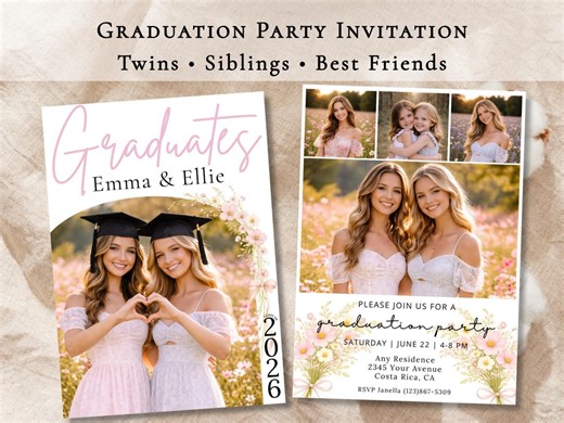 Floral Twin Graduation Invitation Template Editable Canva Graduation Party Invite Sibling Graduation Announcement Best Friends Grad Invite