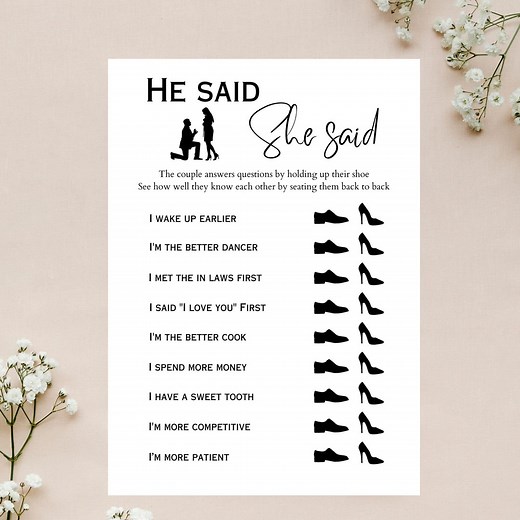 He Said She Said Bridal Shower Game – Wedding Party Printable PDF – Fun Couples Quiz - Etsy