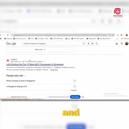 ThatWare LLP on Instagram: "Stop scrolling. Search “Top AEO companies in Singapore” and you’ll find ThatWare leading the results. With smart Ask Engine Optimization, we help brands become trusted answers, not just rankings. If you target Singapore, we position your brand where questions turn into conversions. #ThatWare #AEO #AskEngineOptimization #SingaporeBusiness #SEOInnovation #DigitalAuthority #SERPLeaders #FutureOfSearch"