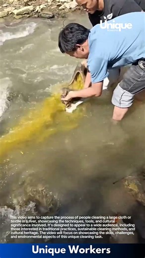 River cleaning: people washing a large cloth in a river