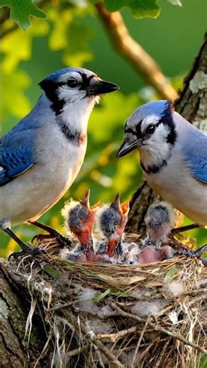Amazing Blue Jay Birds Feeding Their Chicks in the Nest