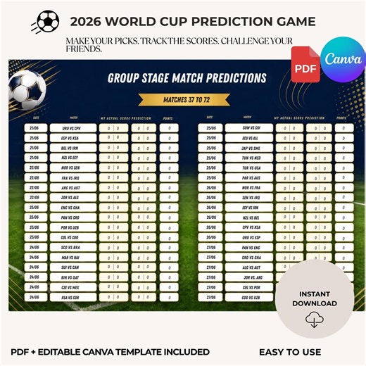 2026 World Cup Prediction Game | Bracket & Score Tracker | PDF   Canva Template | Soccer Tournament Picks | Printable - Etsy