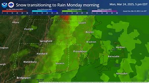 [Radar Simulation] Snow turning to rain moves in overnight Sunday into Monday. Most locations outside of the high elevations change to rain by mid morning with minimal accumulations expected. 🌨️➡️🌧️ | US National Weather Service Boston MA