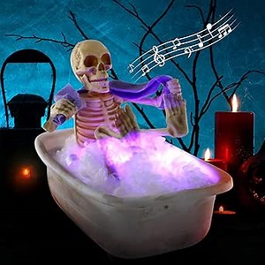 Seenelling Halloween Indoor Decoration 10 Inch Skeleton Bathing, Animatronic Talking Skeleton Full Body Skeleton Bathing Plastic Bathtub with LED Lights Spooky Gifts for Halloween Home Decor(Purple)